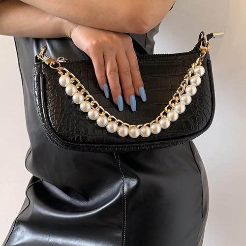Xerling Short Pearl Bead Purse Handle Chain Heavy Chunky Cuban Handbag Chain Purse Replacement Strap Layered Bag Decoration Accessories Women (Silver)