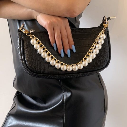 Xerling Short Pearl Bead Purse Handle Chain Heavy Chunky Cuban Handbag Chain Purse Replacement Strap Layered Bag Decoration Accessories Women (Silver)