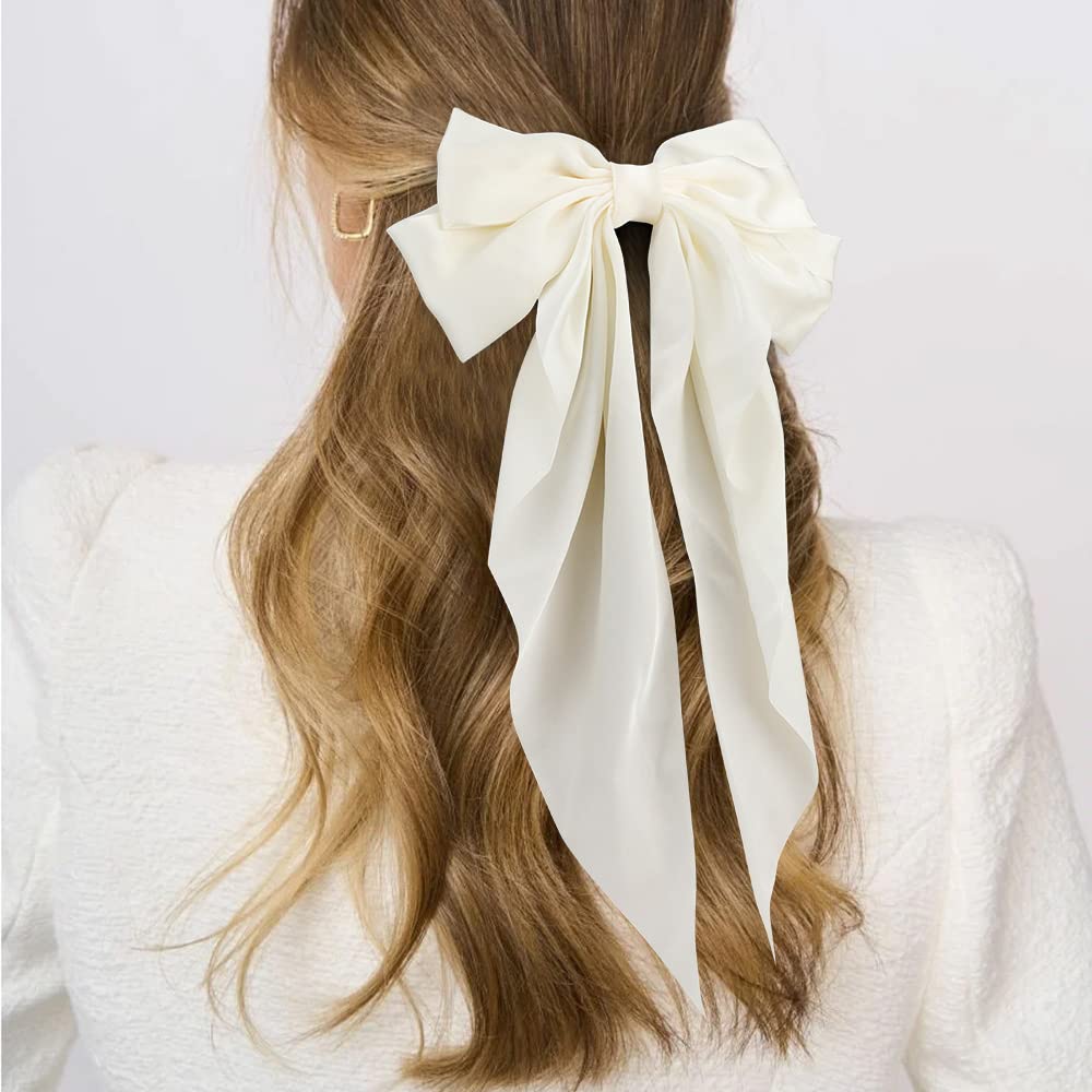 ATODEN Silky Satin Hair Bows 2Pcs Big Hair Bows for Women Hair Ribbons Oversized Long Tail White Hair Bow Black Hair Bow Large Hair Ribbon Barrettes