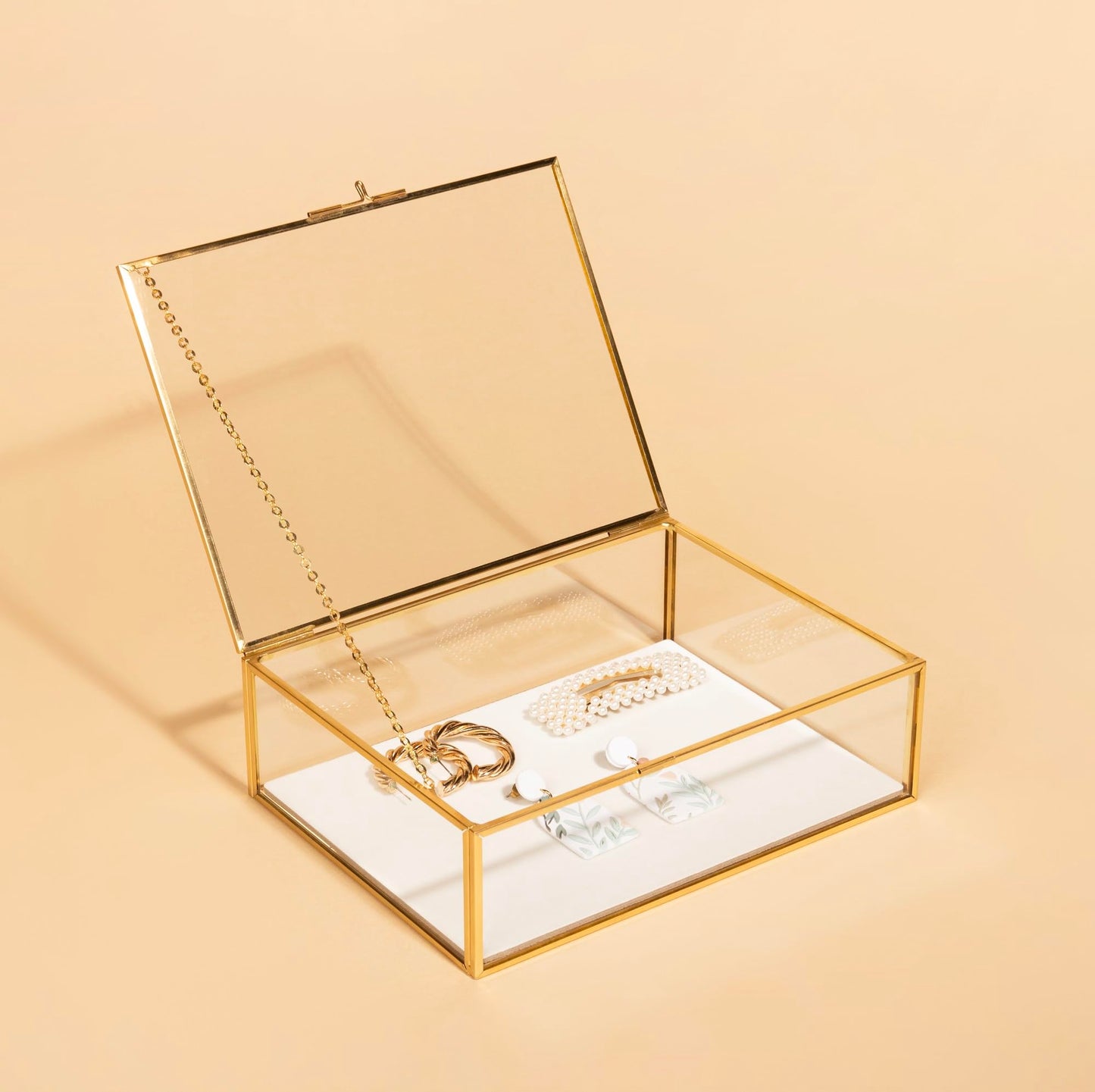 Glass Gold Metal with Chain and Velvet Bottom Jewelry Organizer Box | Card box for Weddings, Events, Baby Showers, and Birthdays