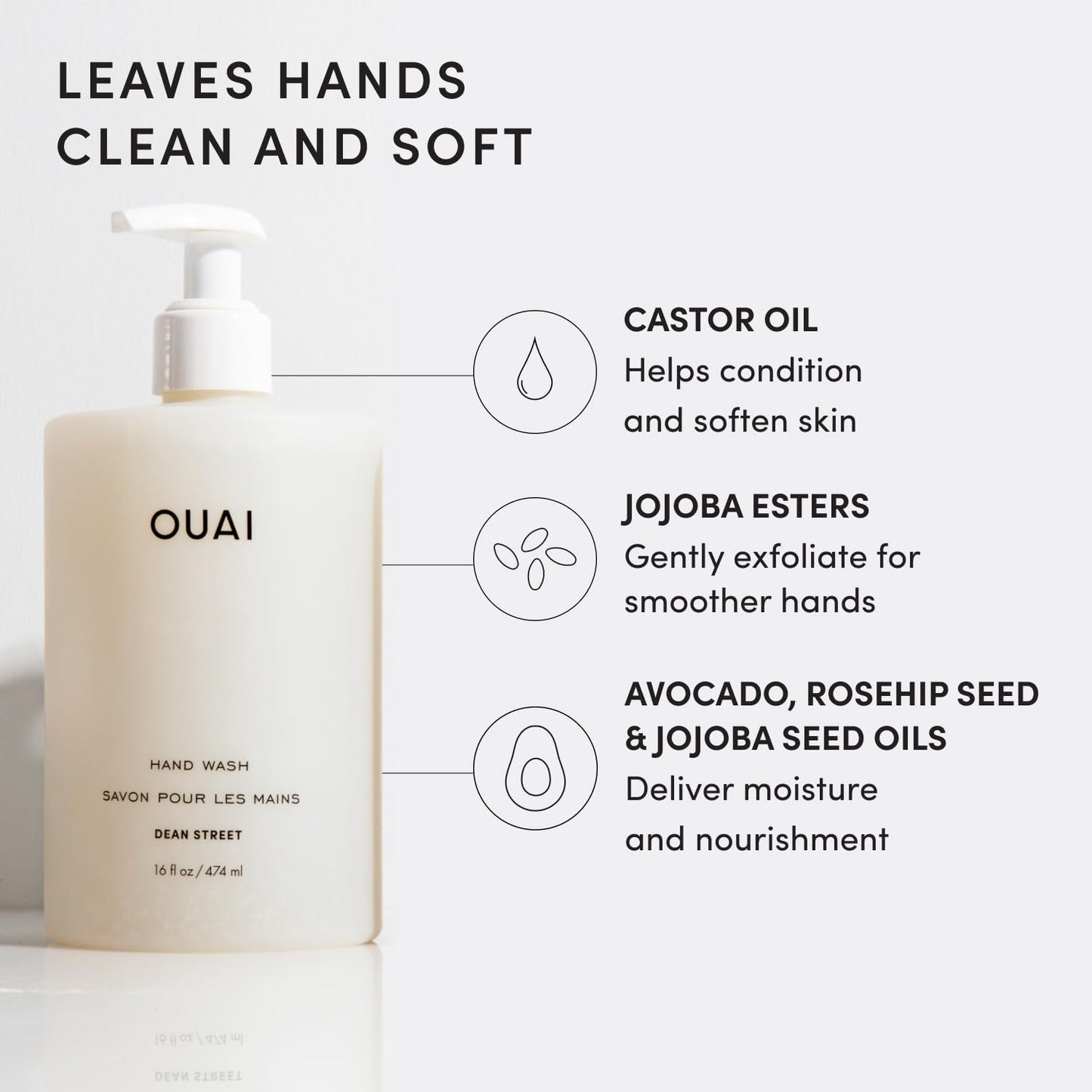 OUAI Hand Wash, Dean Street - Liquid Hand Soap with Jojoba, Avocado, & Rose Hip Oil for Replenished Skin - Gentle Exfoliating Kitchen & Bathroom Soap Beauty and Personal Care OUAI