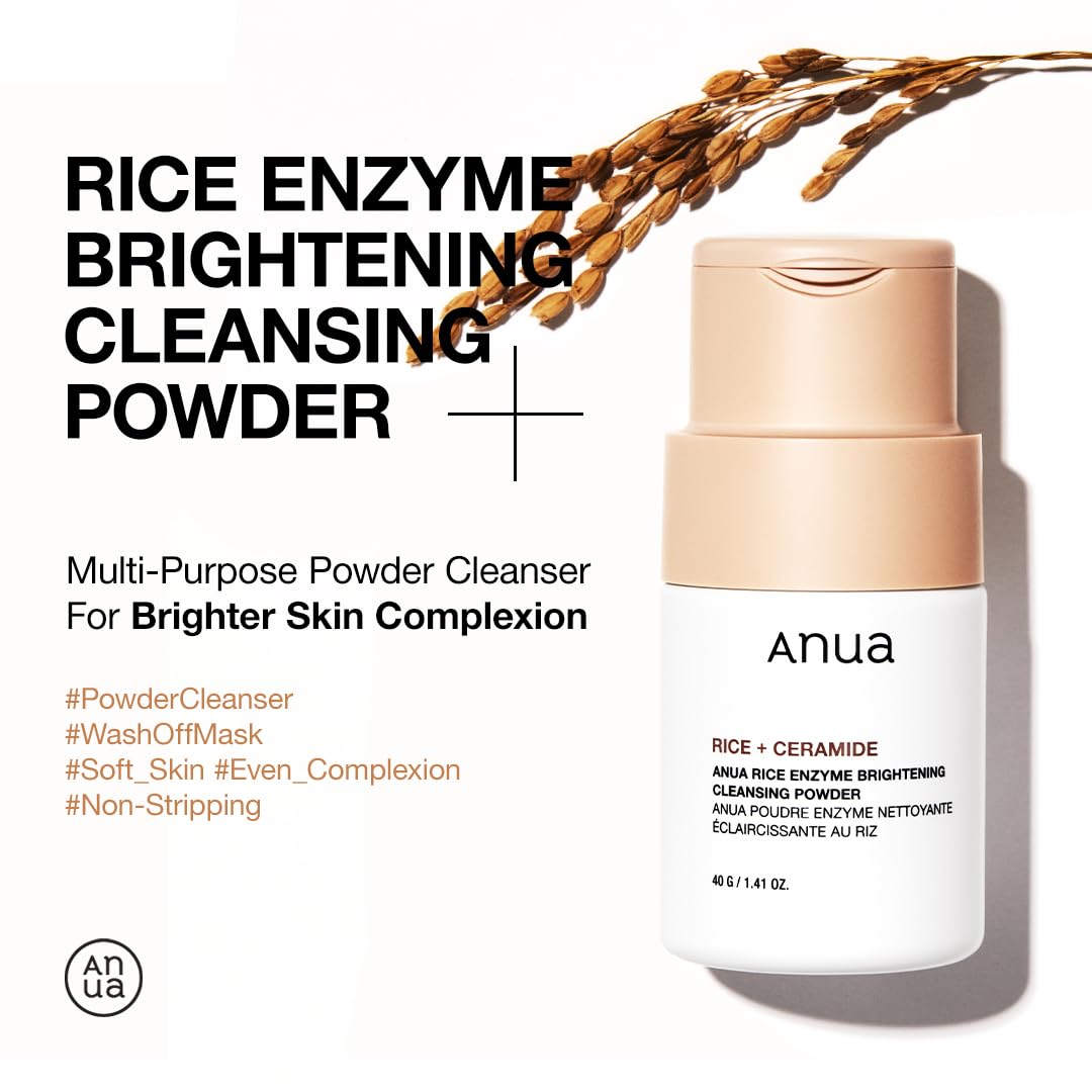 ANUA Rice Enzyme Brightening Cleansing Powder, Exfoliating Powder-to-Foam Cleanser, Smooth Texture & Clarity, Hydrating & Gentle Formula, Korean Beauty and Personal Care ANUA