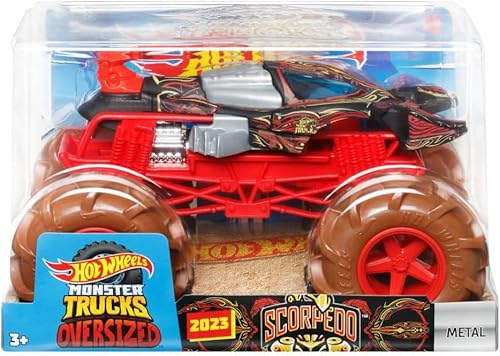 Hot Wheels Monster Trucks Scorpedo 1:24 Scale Die-Cast Vehicle, Red and Black, Giant Wheels, Ages 3-8 Years