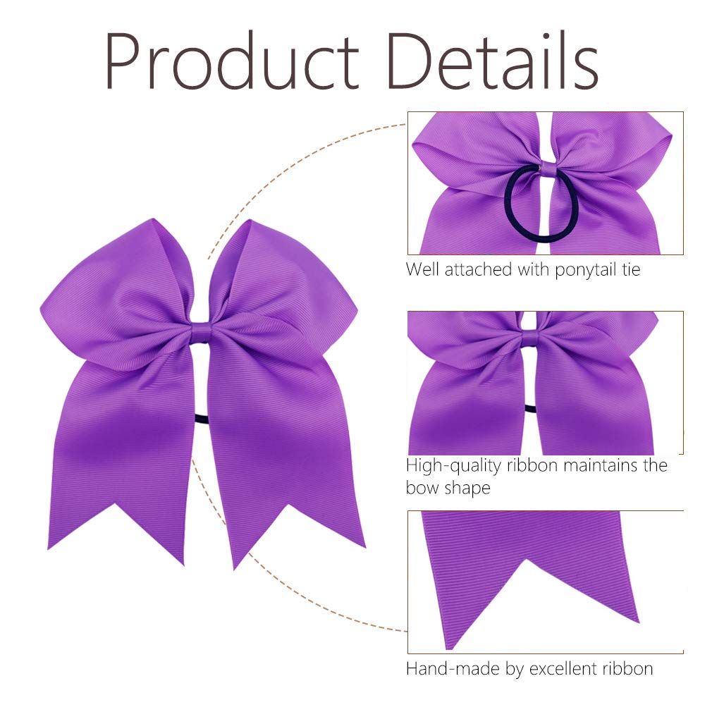 16PCS 8" Large Cheer Hair Bows Ponytail Holder Elastic Band Handmade for Cheerleading Teen Girls College Sports (Purple, 1 Count (Pack of 16))