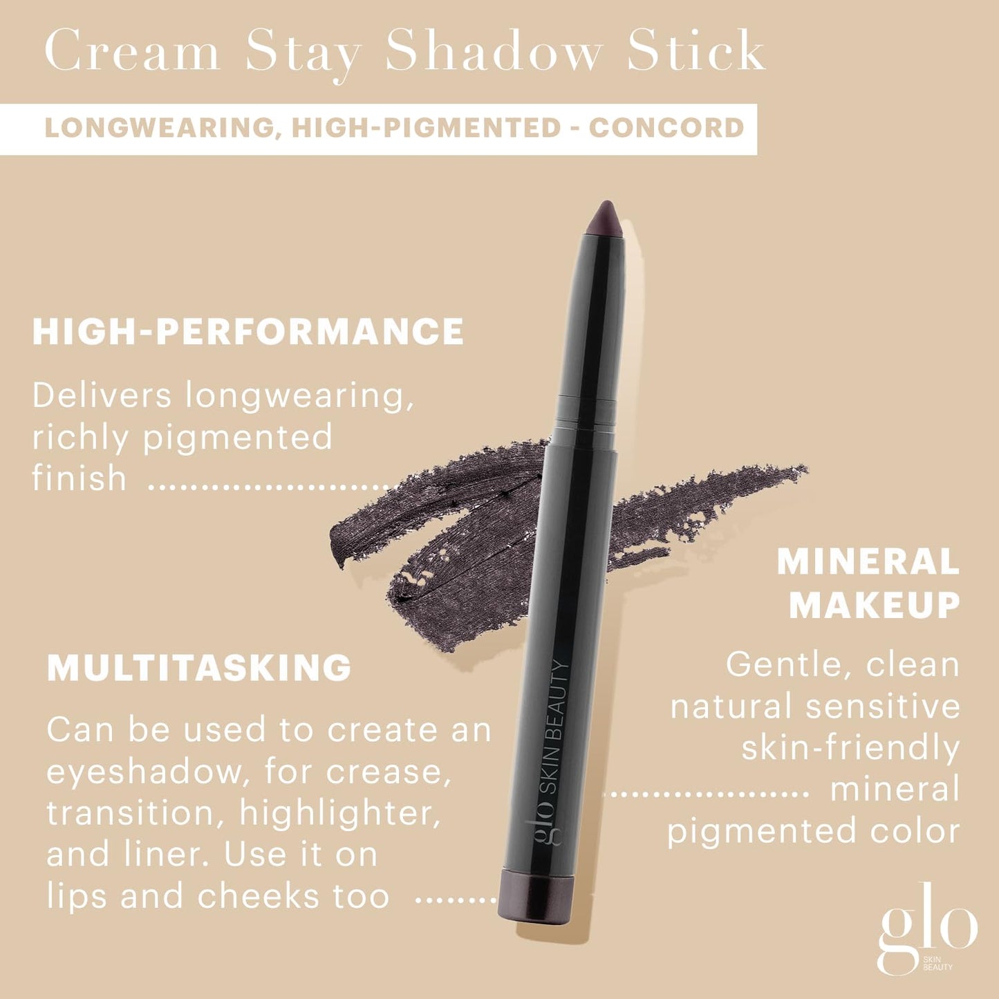 Glo Skin Beauty Cream Stay Shadow Stick (Concord) - Multi-Purpose Eyeshadow Mineral Makeup, Also Wear as Liner, on Lips or Cheeks