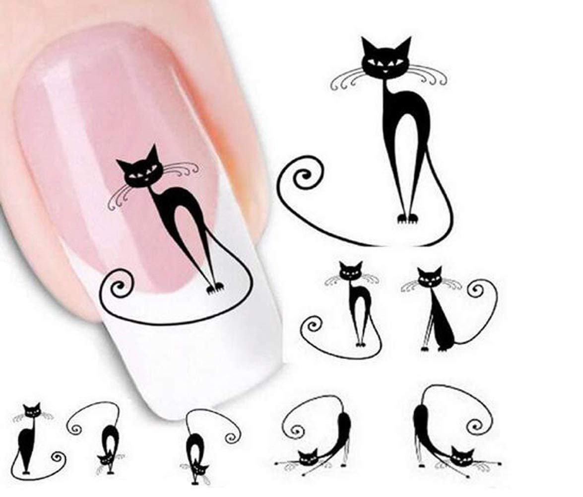 6 PCS Stylish Black Cat Image Art Sticker Decoration Charm Decals Polish Design Ornaments for Manicure Pedicure Nail Art for Women Girls