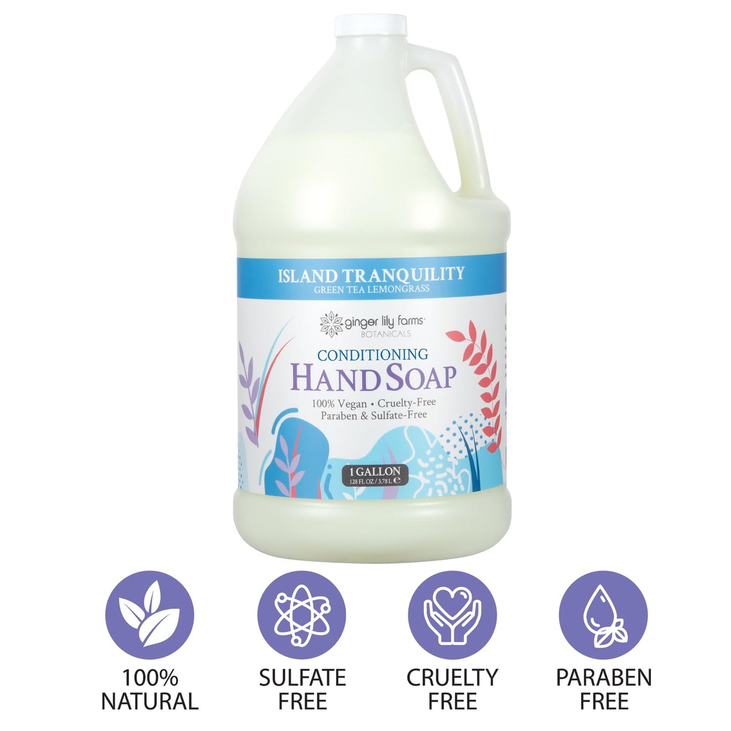 Ginger Lily Farms Botanicals All-Purpose Liquid Hand Soap Refill, Island Tranquility, 100% Vegan & Cruelty-Free, Green Tea Lemongrass Scent, 1 Gallon