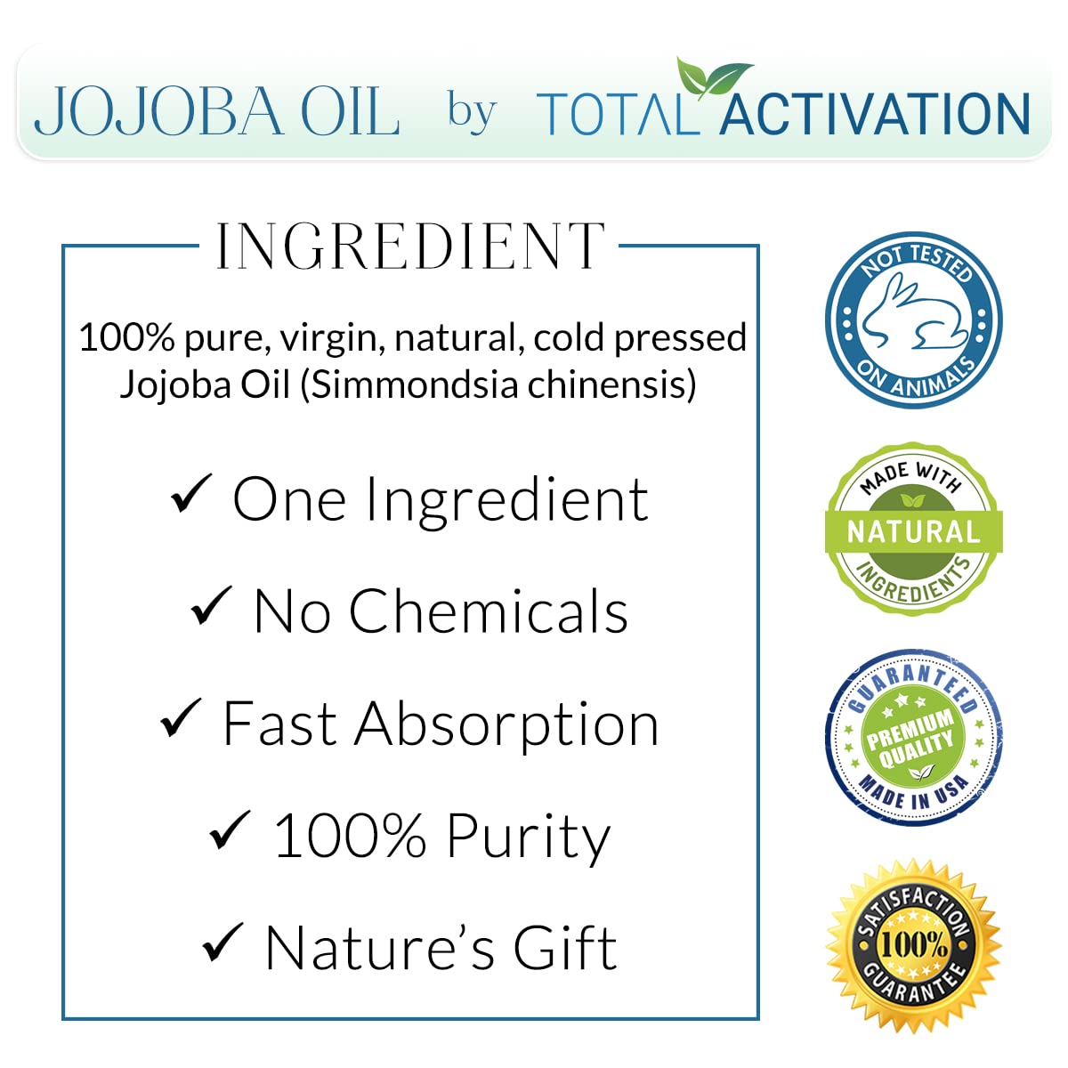 Total Activation Organic Jojoba Oil for Skin, Hair & Nails, 100% Pure Natural Unrefined Cold Pressed, Natural Face Moisturizer, Hair Moisturizer