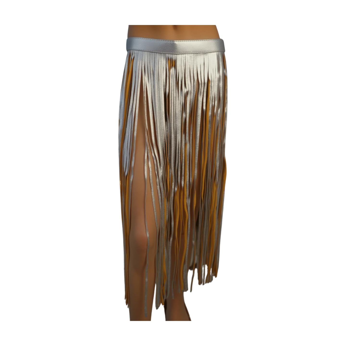 Women Skirt Fashion Belt - Wrap Around Long Faux Leather Waistband Fringes Tassel XS S Beige Silver