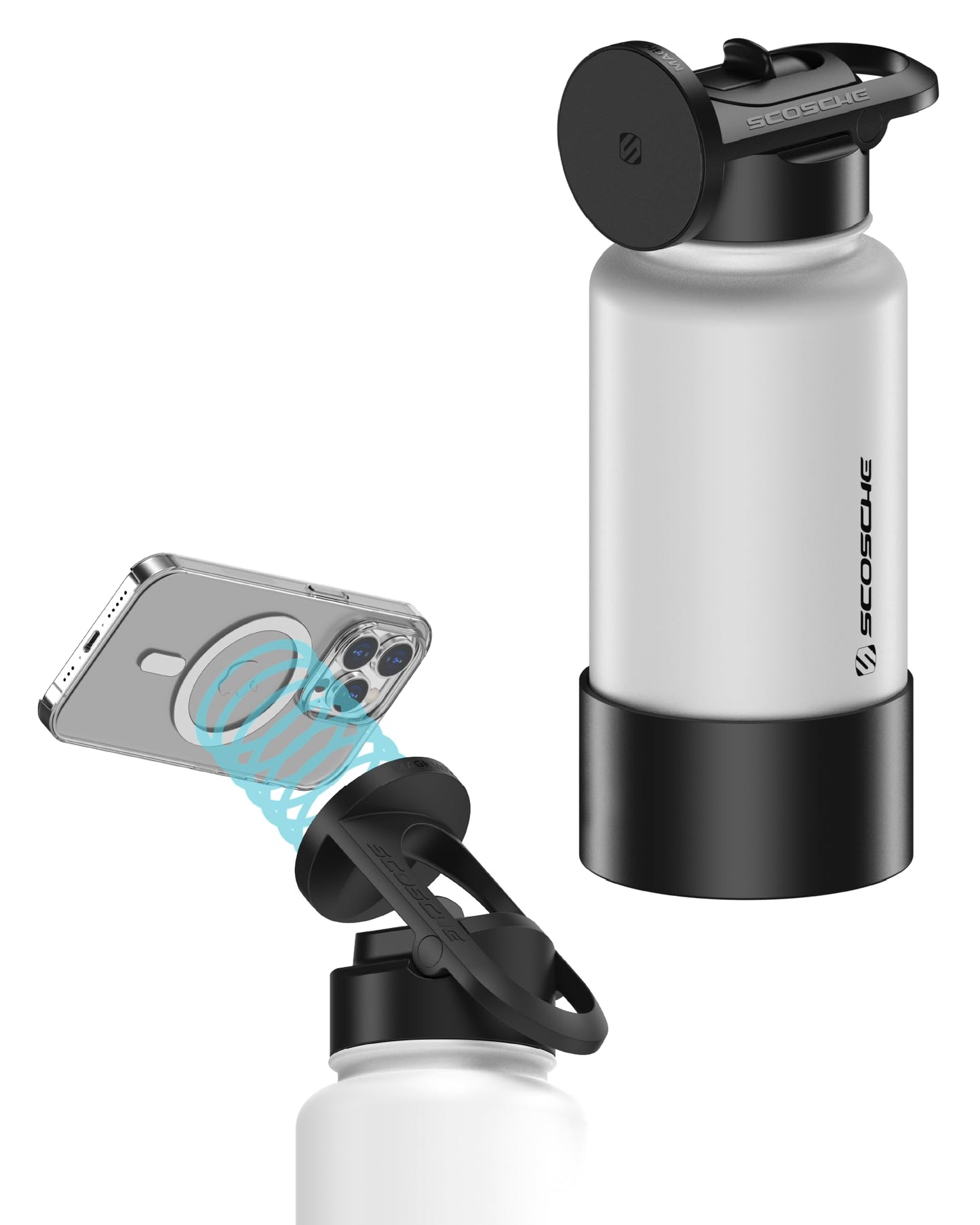 Scosche MFMS32 MagicMount Flask 32 oz Stainless Steel Water Bottle with MagSafe Phone Mount Stand, 12H Hot & 24H Cold, Insulated Flask with Magnetic