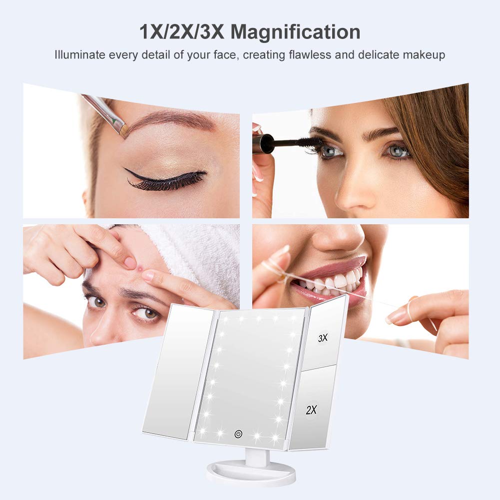 WEILY Makeup Mirror with 21 LED Lights,Two Power Supply Modes, Adjustable Touch Screen and 1x/2x/3x Magnification Tri-Fold Vanity Mirror,Chargeable