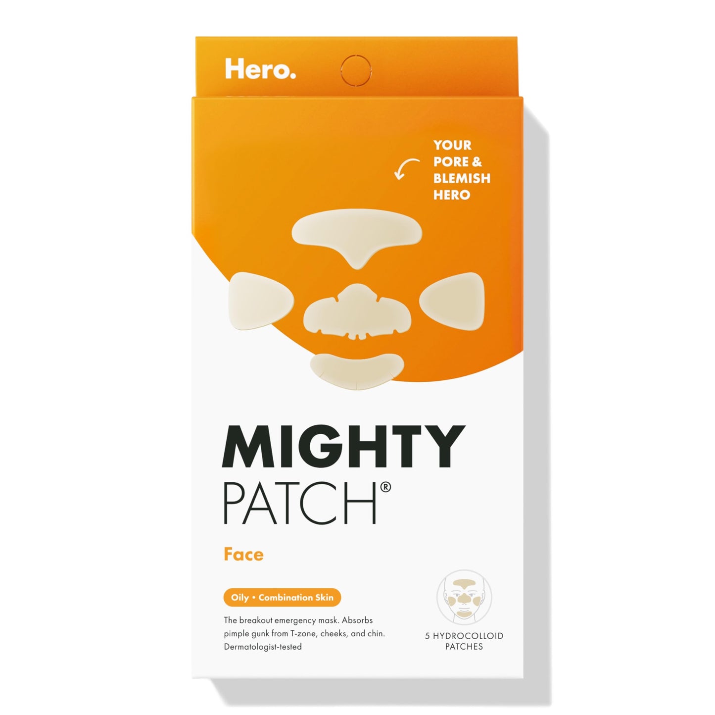 Hero Cosmetics Mighty Patch™ Face Patch - XL Hydrocolloid Face Mask for Acne, 5 Large Pimple Patches for Zit Breakouts on Nose, Chin, Forehead