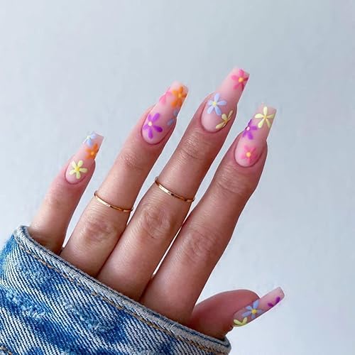 BABALAL Matte Press on Nails Long Coffin Fake Nails Pink Glue on Cute Acrylic False Nails with Flower Design for Women and Girls