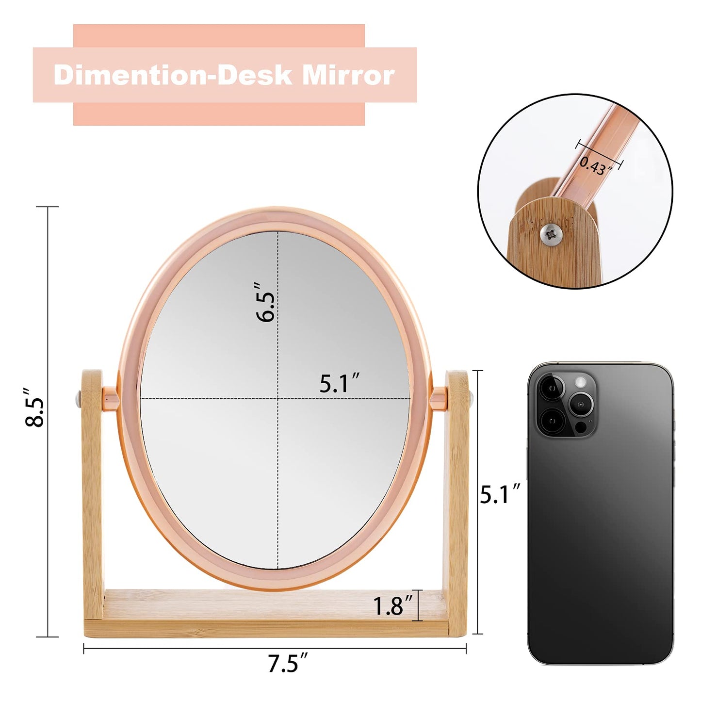 YEAKE Double Sided 10X Magnifying Makeup Mirror with Bamboo Stand,Small Desk Table Mirror with 360° Rotation,Standing Portable Cosmetic Mirror,Good
