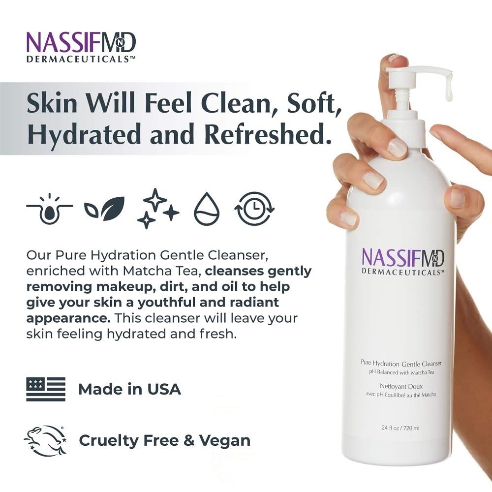 NassifMD Pure Hydration Facial Cleanser, Hydrating Face Cleanser with Vitamin C, Matcha Hemp Hydrating Cleanser (6oz)