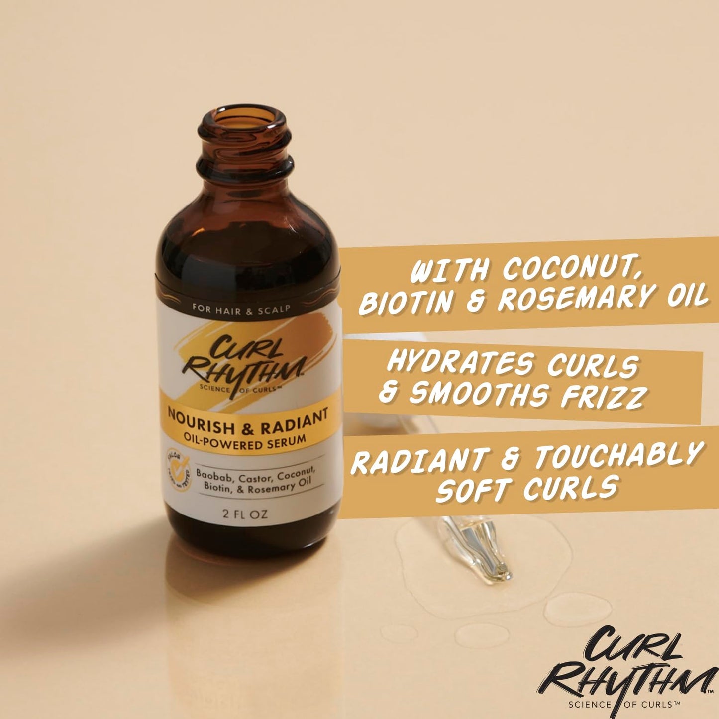 Curl Rhythm Nourish and Radiant Oil-Powered Serum - Nourishing Hair Oil - Non-Greasy Scalp Care - Hair Serum with Biotin for All Hair Types - 2 oz