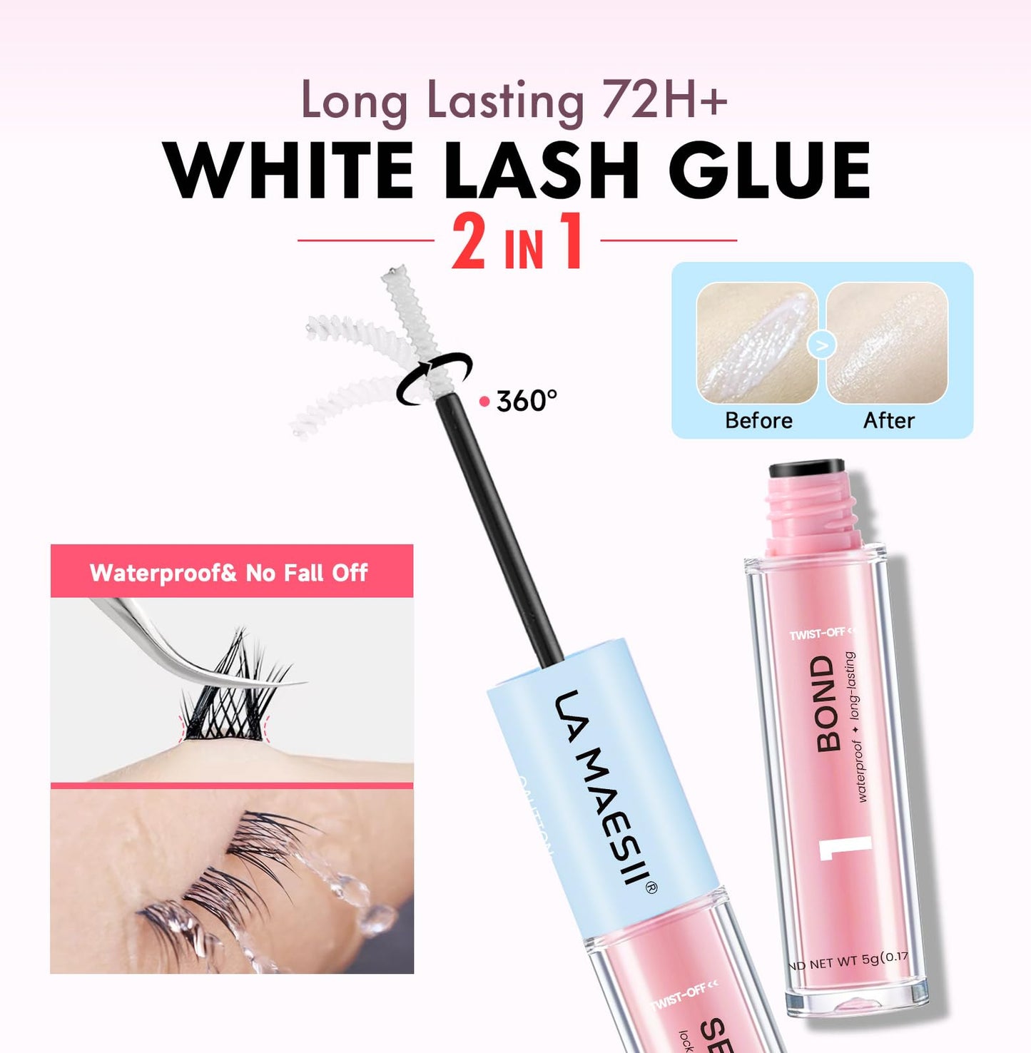 LA MAESII Lash Bond and Seal 10ML, Lash Cluster Glue Waterproof,Long Lasting Lash Glue for Eyelash Clusters,2 in 1 Eyelash Glue Quick Dry Latex Free Beauty and Personal Care La Maesii