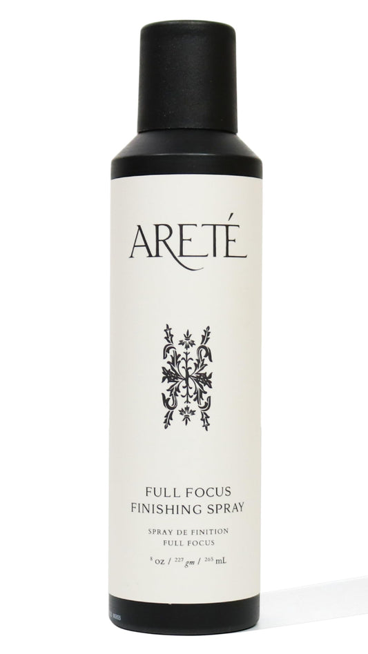 ARETÉ Full Focus Finishing Hair Spray, Strong, Buildable Hold, Shiny Finish, Anti Frizz Hairspray for Women Fine Hair with Edelweiss, Wild Carrot