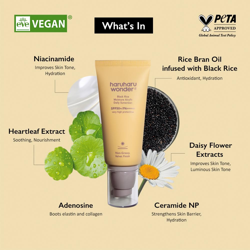 Haruharu Wonder Black Rice Moisture Airyfit Daily Sunscreen 1.69fl.oz - Velvet Finish, No White Cast, Hydrating, Moisturizing, Korean Skin Care