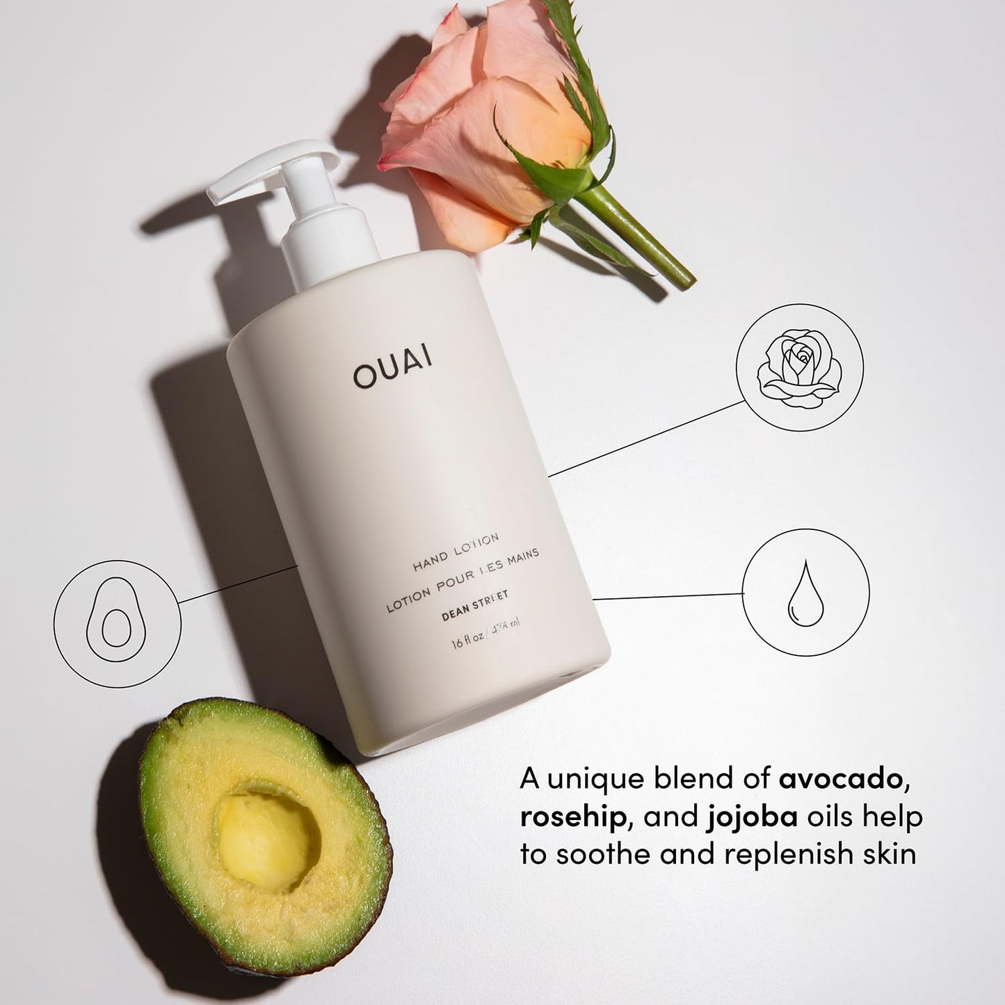 OUAI Hand Wash and Hand Lotion Set, Dean Street Scent - Moisturizes and Exfoliates with Daily Use - Made with Jojoba Esters, Avocado & Rosehip Oils