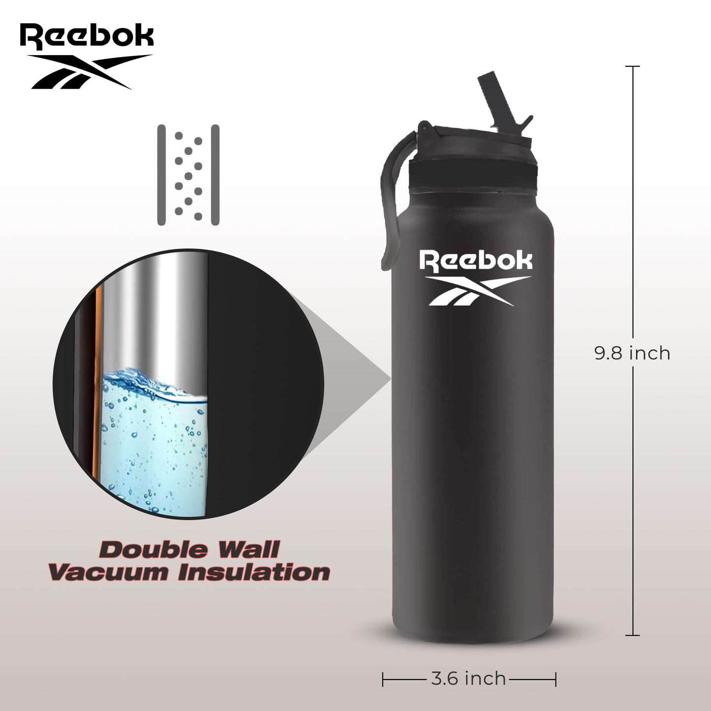 Reebok Stainless Steel Water Bottle With Lifestyle Design - Insulated Water Bottle 32 oz With Straw - Double Wall Vacuum Insulated Sports Water