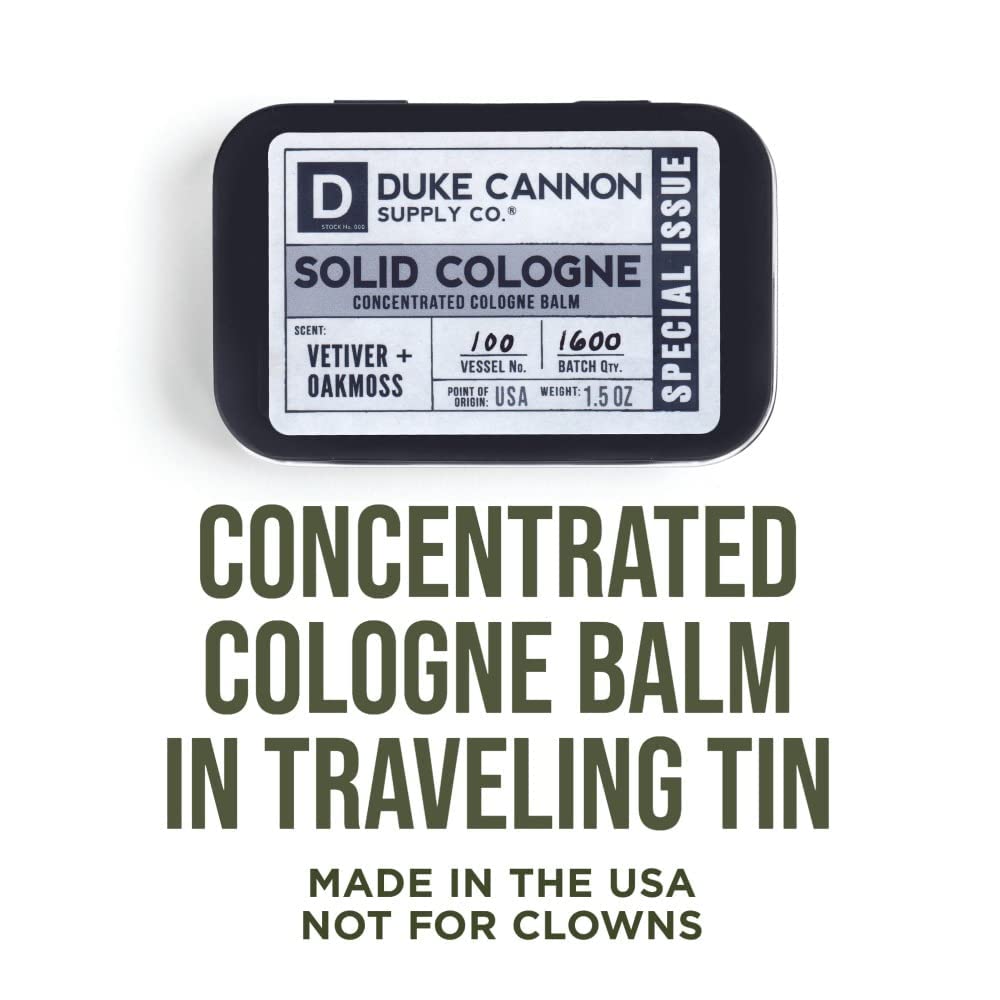 Duke Cannon Supply Co. Solid Cologne for Men Special Issue Vetiver and Oakmoss (Fresh Air, Sandalwood) - Concentrated Balm, Travel-Friendly Tin, 1.5