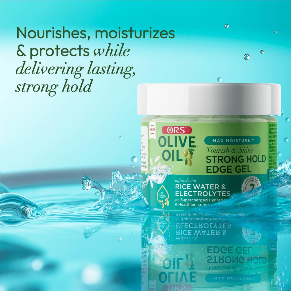 ORS Olive Oil Max Moisture Nourish & Shine Strong Hold Edge Gel with Rice Water & Electrolytes 4 Oz (Pack of 2)