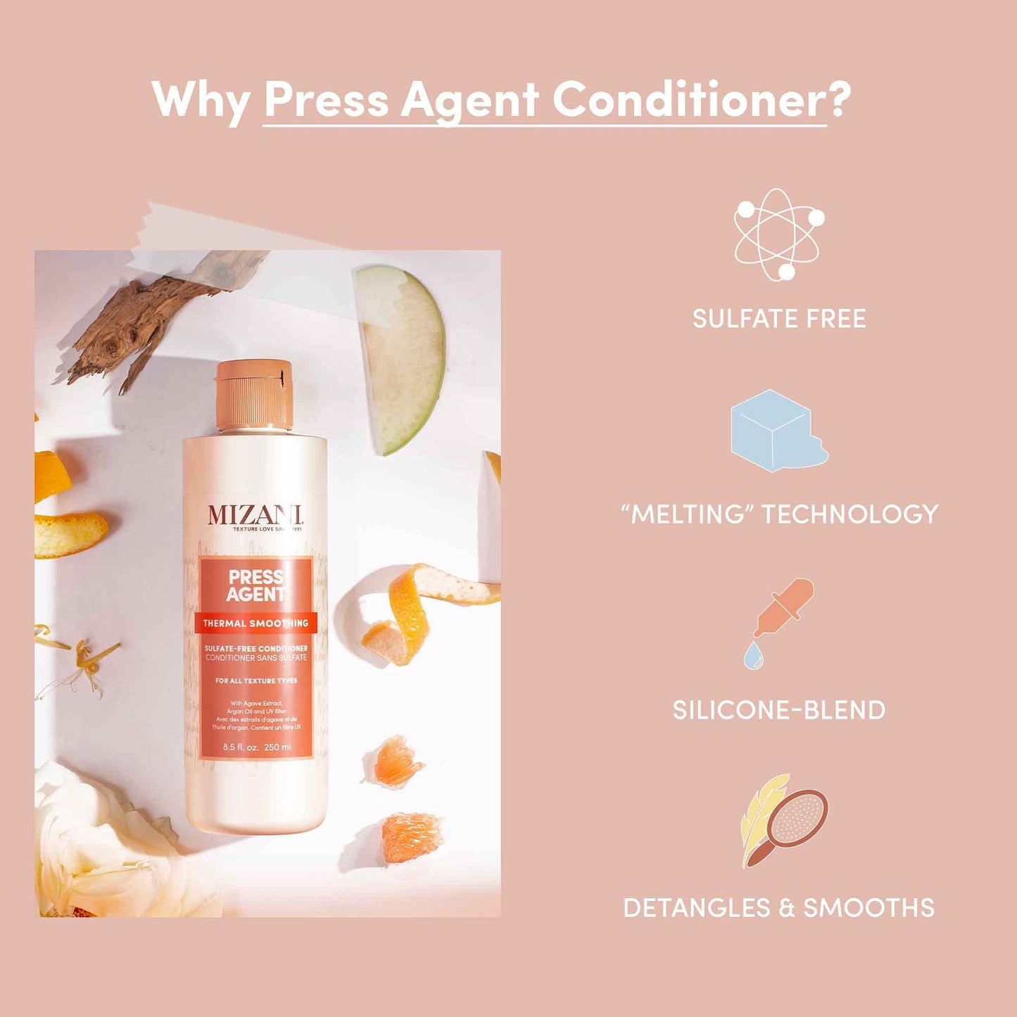 Mizani Press Agent Thermal Smoothing Sulfate-Free Conditioner, Pink Grapefruit, juicy Mandarin with a floral medley of Jasmine, Rose & Freesia, ending