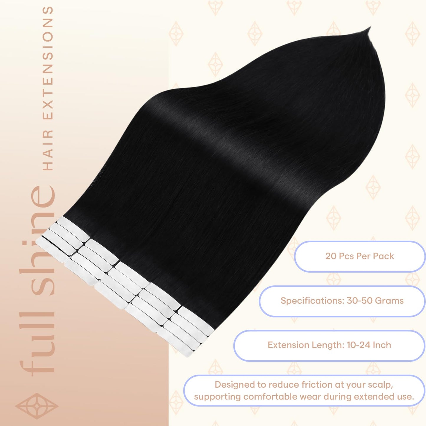 Full Shine Tape in Hair Extensions Human Hair, Color 1 Jet Black, 24 Inch, 100g, 40PCS, Invisible Brazilian Human Hair Tape in Extensions, Seamless Beauty and Personal Care Fshine