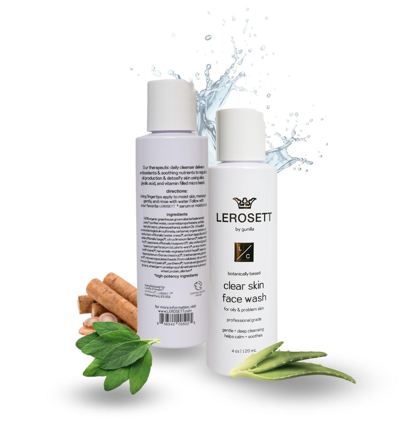 LEROSETT® Clear Skin Face Wash - Gentle Gel Cleanser with 60% Aloe-Rich Botanicals, 4% Glycolic Acid & Vit-E Microbeads - Fights Breakouts, Unclogs