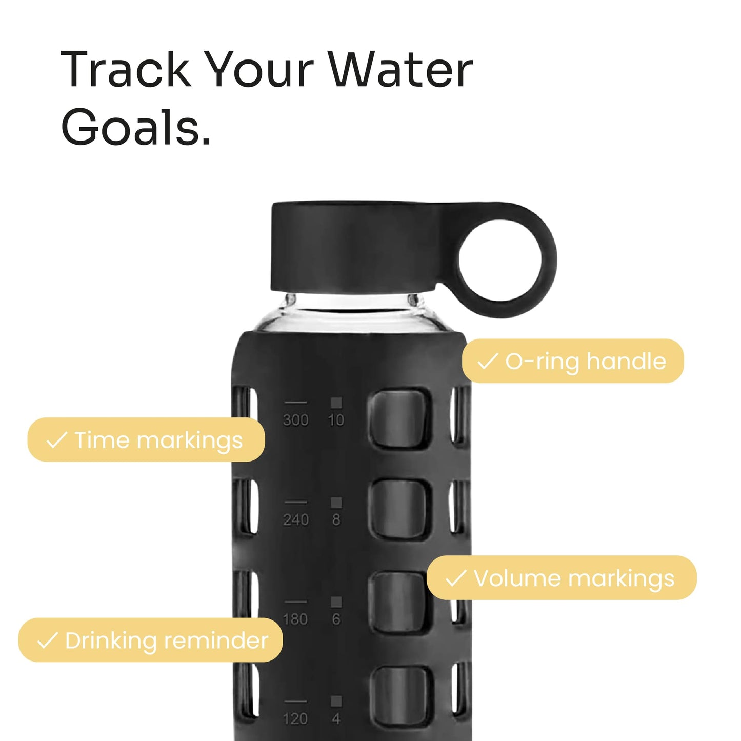 purifyou 40oz / 32oz / 22oz / 12oz Borosilicate Glass Water Bottle with Time & Volume Markers, Silicone Sleeve, Stainless Steel Lid | Reusable Glass