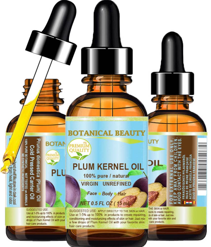 Botanical Beauty French PLUM KERNEL OIL 100% Pure Natural Virgin Unrefined Cold Pressed Carrier Oil 0.5 oz- 15 ml for Face, Skin, Hair, Lips, Nails
