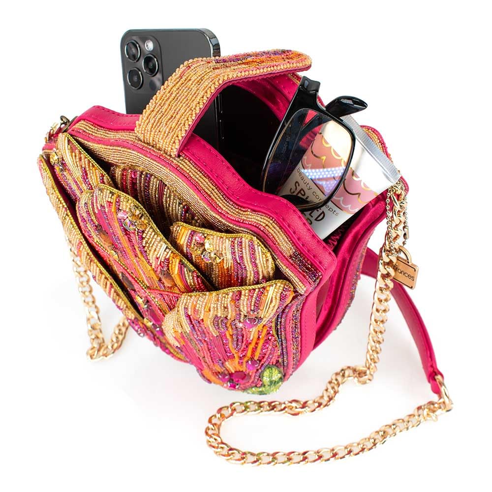 Mary Frances Treasured Tulip Beaded Flower Shape Crossbody Novelty Handbag, Pink
