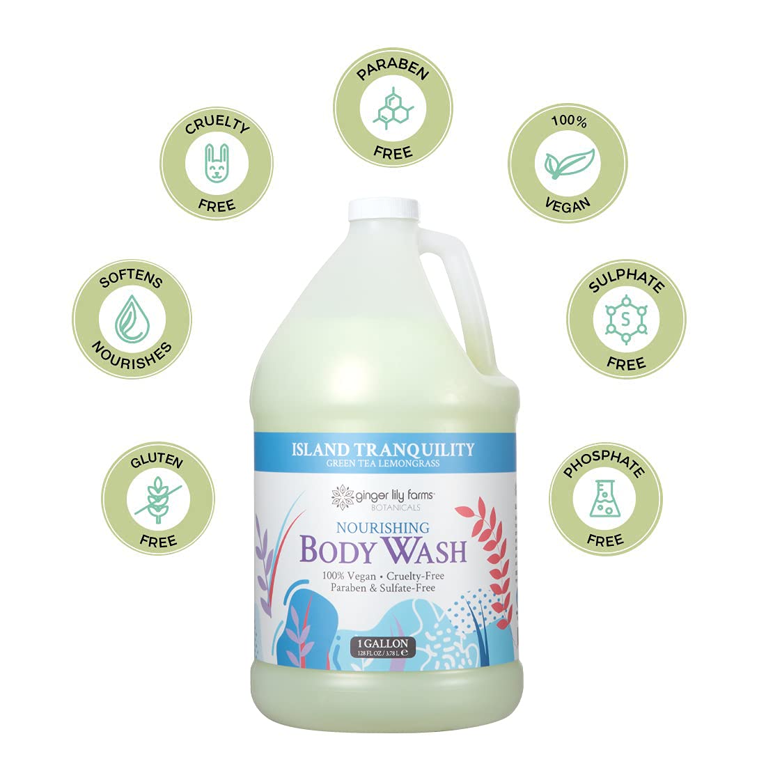 Ginger Lily Farms Botanicals Nourishing Body Wash, Island Tranquility, 100% Vegan & Cruelty-Free, Green Tea Lemongrass Scent, 1 Gallon Refill (128 fl.