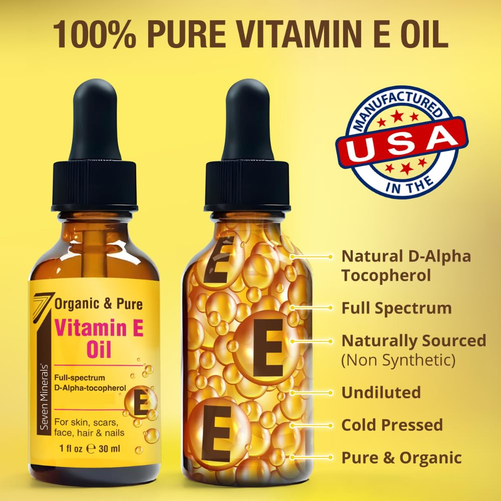 Seven Minerals Ultra Pure Vitamin E Oil - Full-Spectrum D-Alpha Tocopherol, 1 Fl Oz - 100% Organic Vitamin E Oil for Skin, Face, Hair, and Scars Beauty and Personal Care Seven Minerals