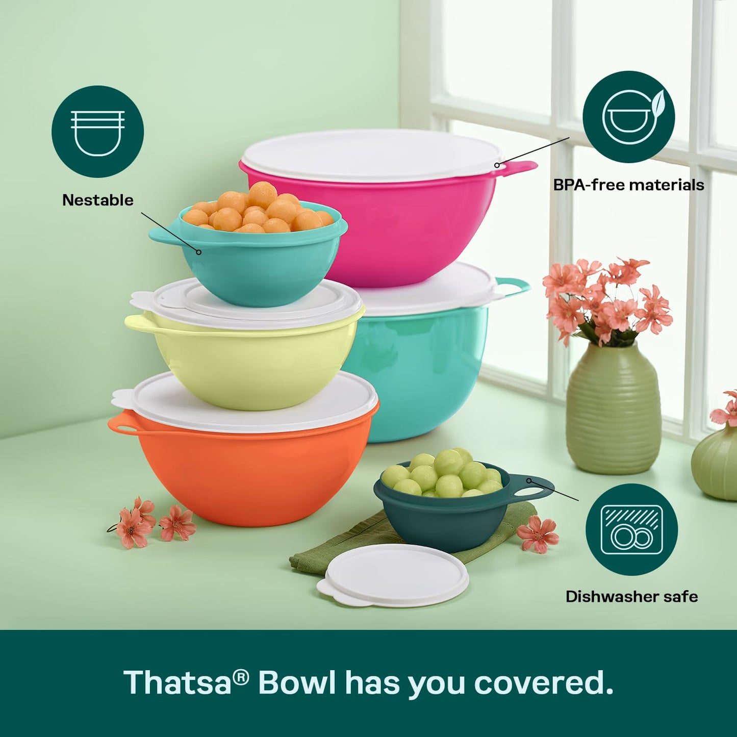 Tupperware Thatsa Bowl Collection 6 Bowl Food Storage Container Set in Fauna, Dishwasher Safe and BPA Free (6 Bowls, 6 lids)