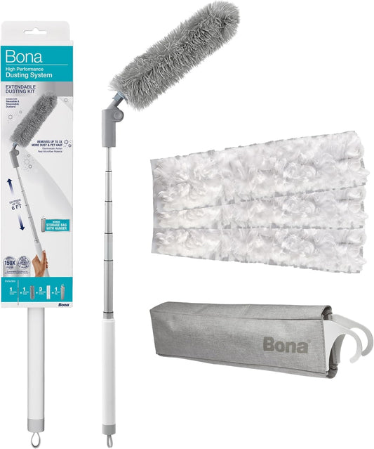 Bona High Performance Dusting System - 1 Extendable Handle, 3 Disposable Dusters, 1 Reusable Duster, & 1 Storage Bag - Extendable Dusting Kit Home & Kitchen Bona