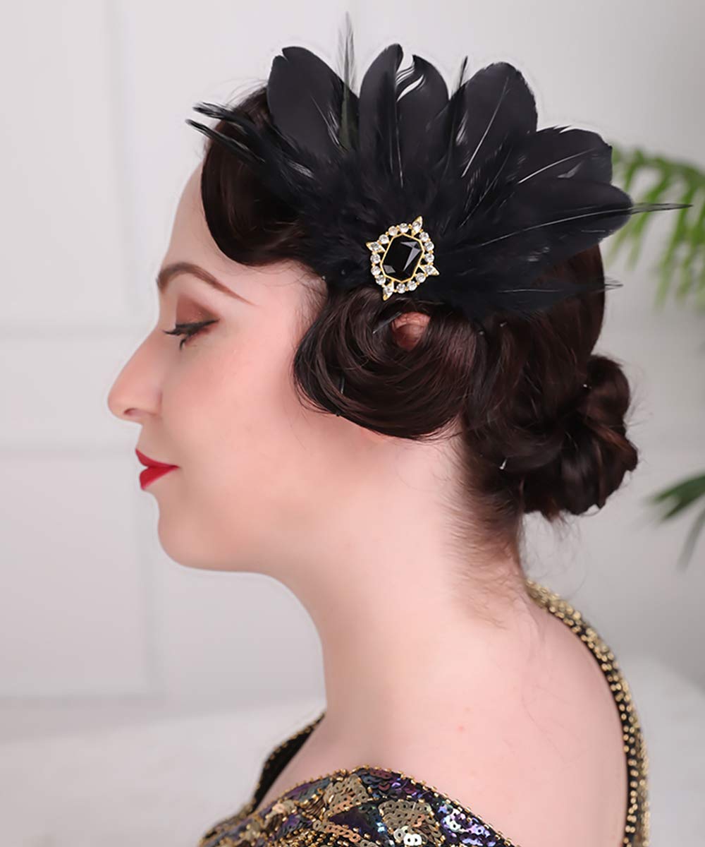 Aimimier 1920s Flapper Black Feather Headpiece Crystal Roaring 20s Feather Hair Clip Masquerade Hair Accessory for Women
