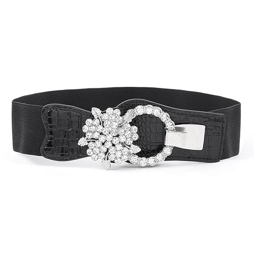 Vivilly Women's Rhinestone Belt Black Crystal Stretchy Retro Wide Waist Belt Flower Cinch Belt for Dress (Flower, M, Black)