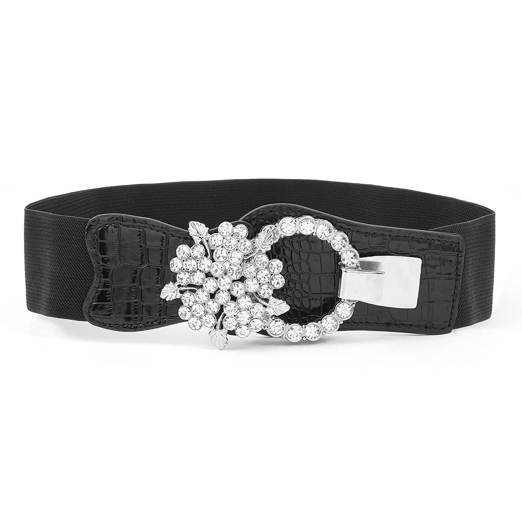 Vivilly Women's Rhinestone Belt Black Crystal Stretchy Retro Wide Waist Belt Flower Cinch Belt for Dress (Flower, M, Black)
