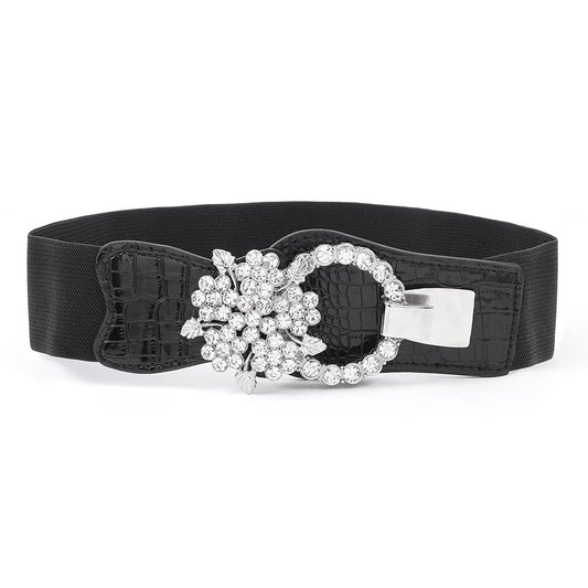 Vivilly Women's Rhinestone Belt Black Crystal Stretchy Retro Wide Waist Belt Flower Cinch Belt for Dress (Flower, M, Black)