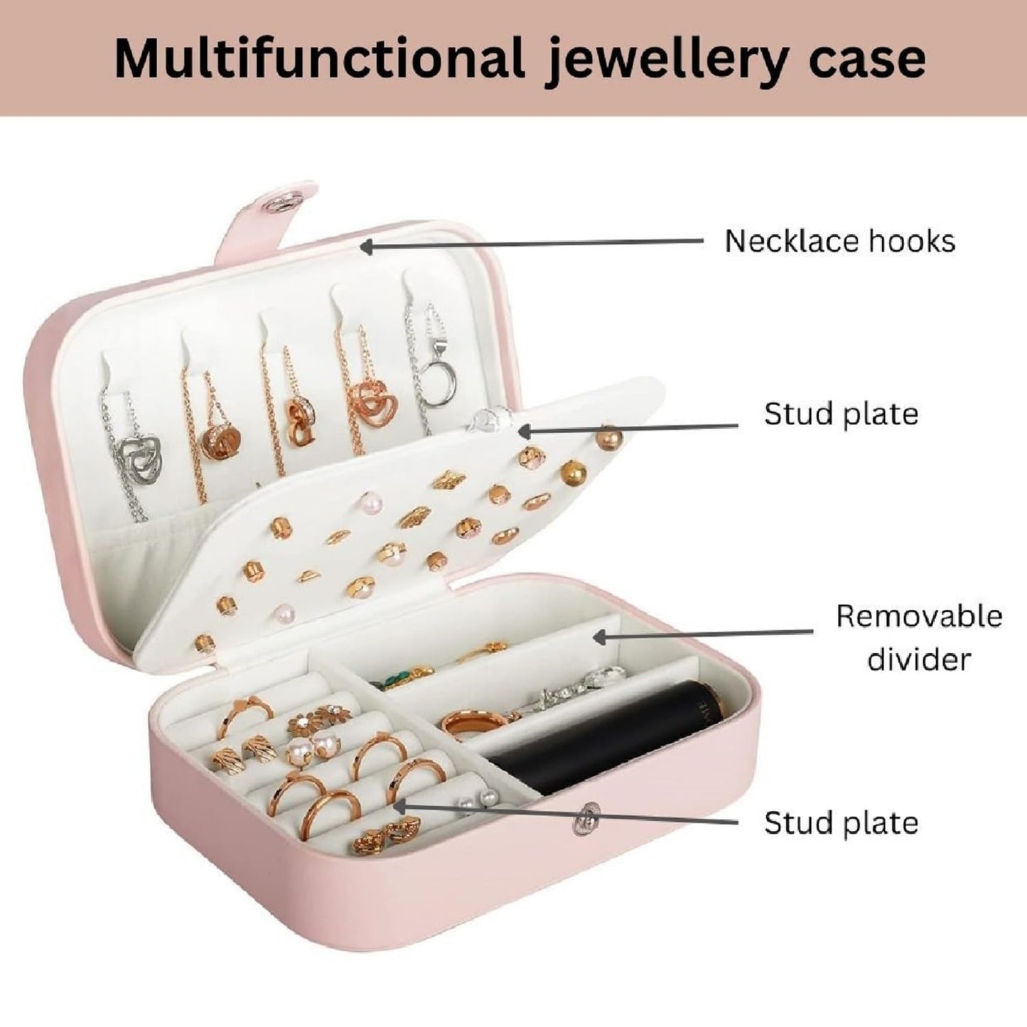 SNMMIFER Portable PU Leather Travel Jewelry Box, Small Organizer for Rings, Necklaces, Earrings, Pink