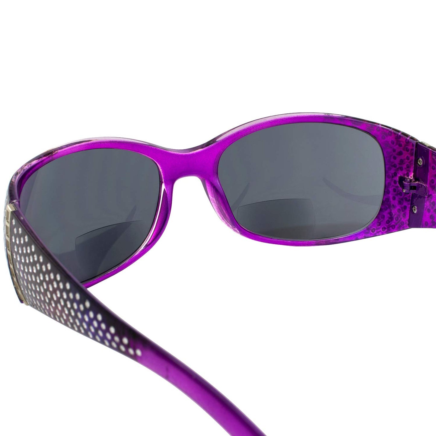 Global Vision Galaxy Womens Bifocal Fashion Motorcycle Sunglasses Chrome Rhinestone Look Lavender Frames Smoke Lenses 3.0 Magnification