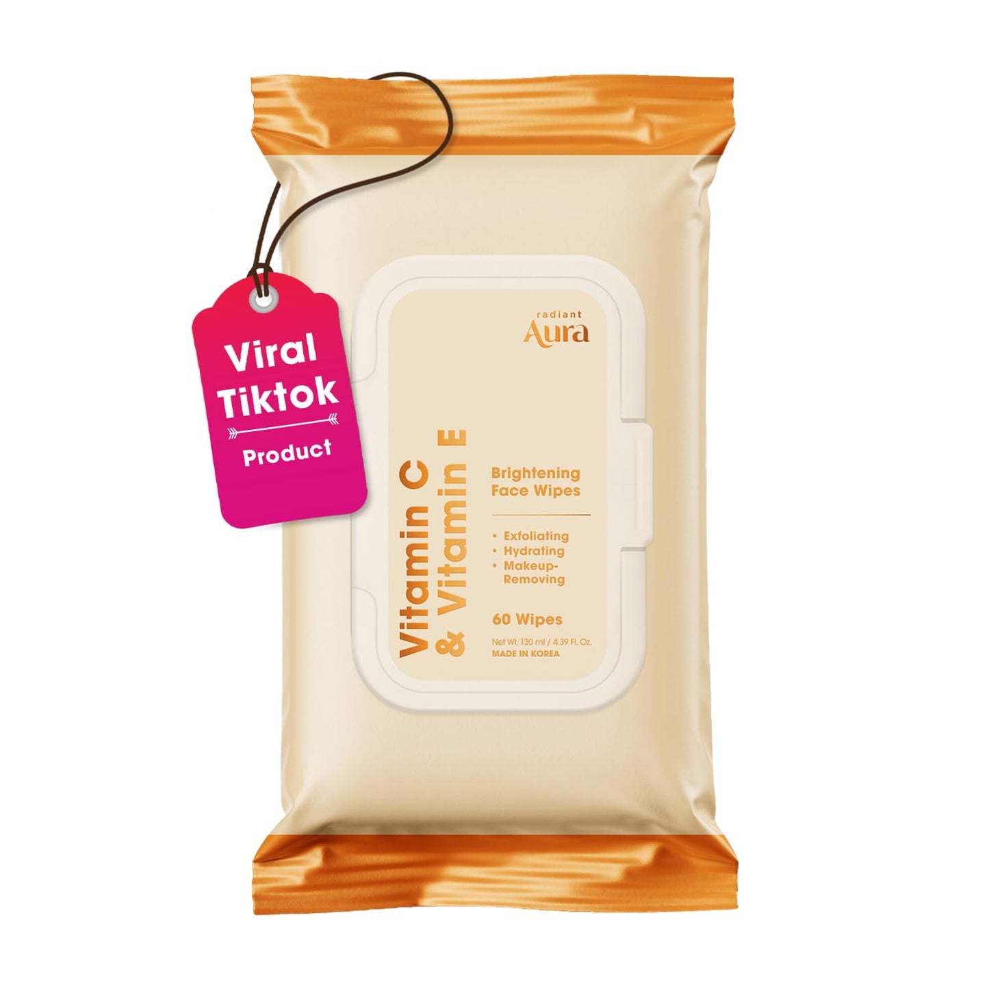 Radiant Aura Vitamin C & Vitamin E Face Wipes - Dermatologist Tested, Anti-Aging, Korean Skin Care - Removes Makeup, Hydrates, Softens The Look
