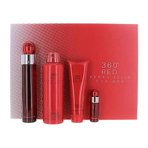 360 Red by Perry Ellis for Men - 4 Pc Gift Set 3.4oz EDT Spray, 0.25oz EDT Spray (Mini), 6oz Body Spray, 3oz Shower Gel