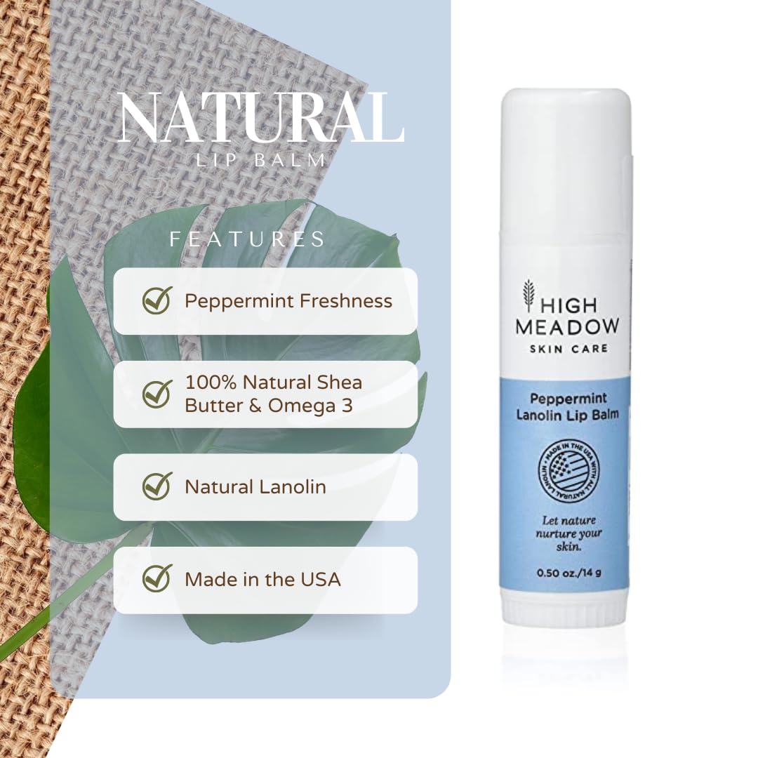 High Meadow Lanolin Peppermint Lip Balm Stick-Natural Unisex Lip Care With Shea Butter, Hydrates, Moisturizes, and Protects Lips, Great for Cold