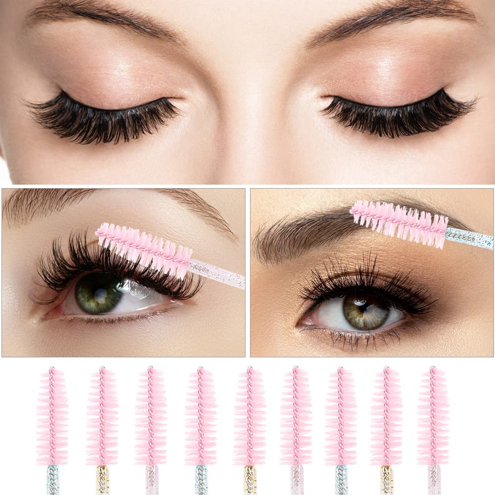 300 Pack Glitter Mascara Wands Disposable EyeLash Spoolie Brushes Makeup Applicator Eyelash Extension Tool Kit (3 colors mix)