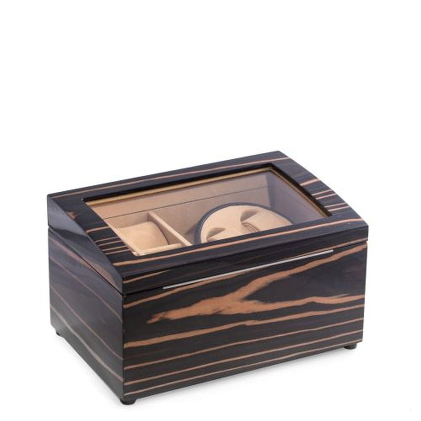 Bey-Berk BB621EBN Lacquered Ebony Burl Wood 2 Winder with Storage for 4 Watches, Glass Top, Velour Lined, Brown