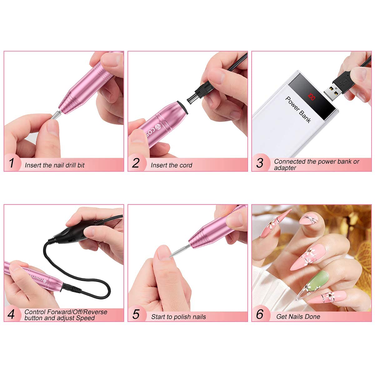 COSITTE Electric Nail Drill,USB Electric Nail Drill Machine for Acrylic Nail Kit,Portable Electric Nail File Polishing Tool Manicure Pedicure Kit