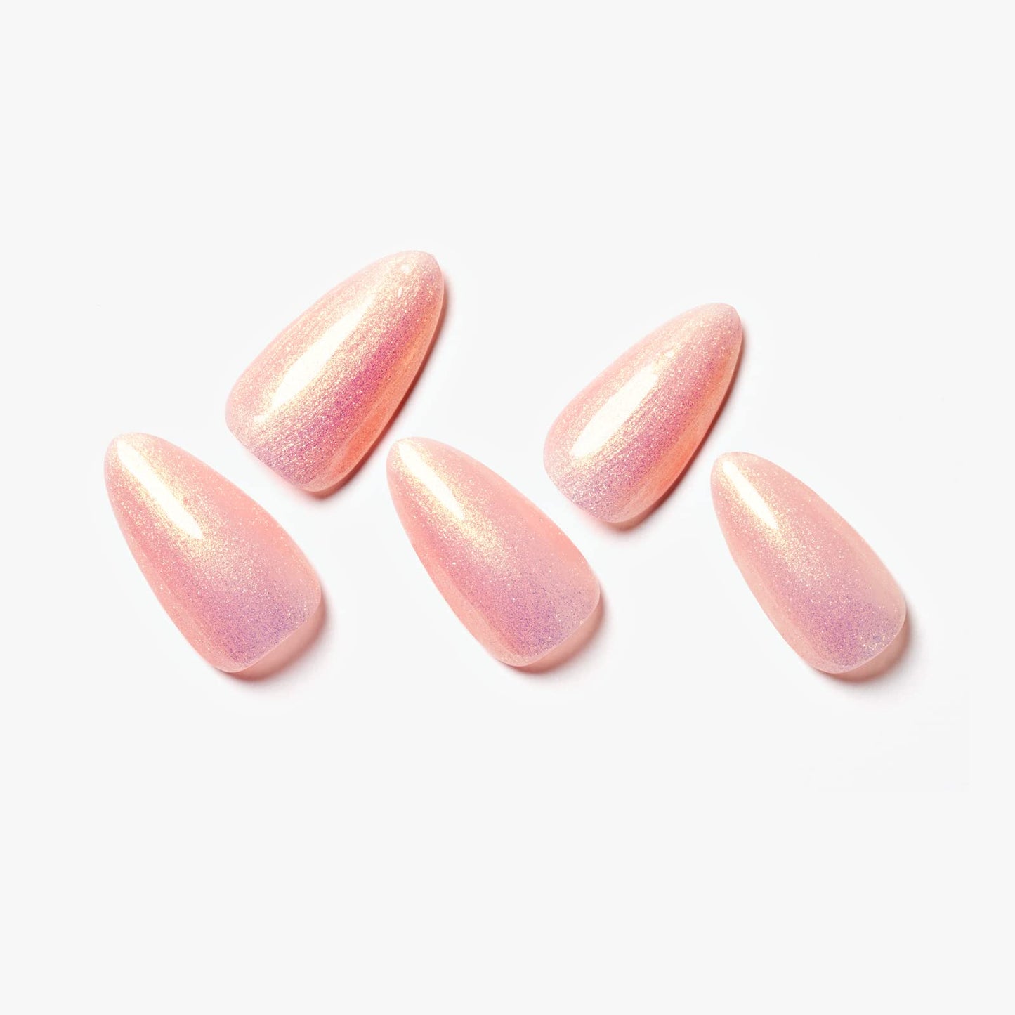 GLAMERMAID Press on Nails Medium Almond, Handmade Glossy Gel Nude Pink Golden Glitter Galaxy Fake Nails Shinny Stiletto, Short Oval Pearl Shimmer